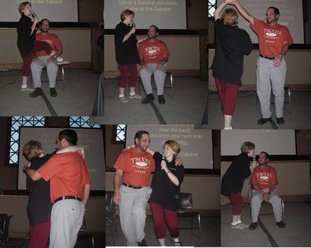 An attendee performs Caberet karaoke with audience volunteer Lee Jay Karns. Photos courtesy of Michael Ormes.